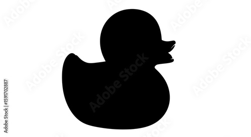 A simple black silhouette of a rubber duck against a white background.