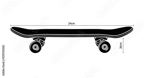 Black skateboard illustration with dimensions indicated.