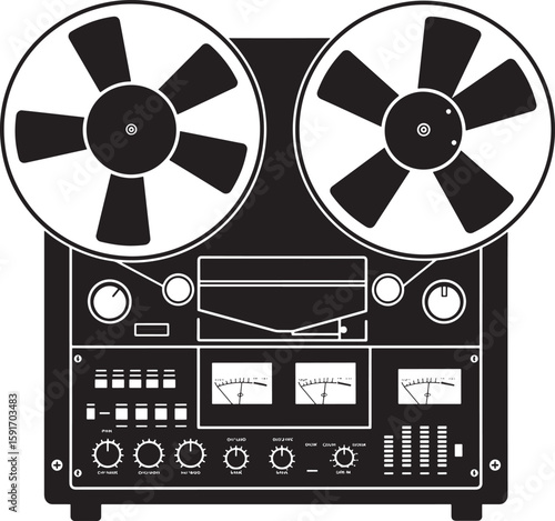 A classic reel to reel tape recorder with detailed controls and indicators vector silhouette trending on Adobe Stock and microstock marketplaces