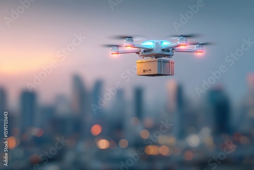 Drone delivering package over city