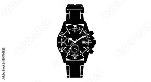 A detailed black and white illustration of a luxury wristwatch.