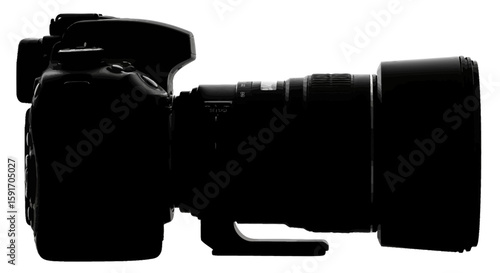 Silhouette of a digital single-lens reflex camera, showing its side profile.