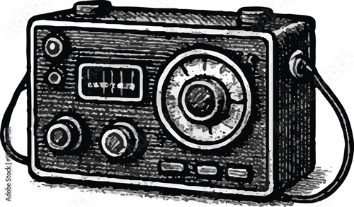 Sturdy radio design with multiple dials, knobs, and a top handle, emphasizing practical retro aesthetics and vintage utility