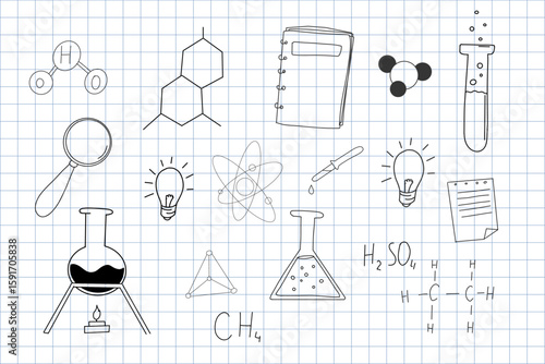 Chemistry research hand drawn sketch doodle line icons. Flasks and tubes back to school elements. Education science lab drawing.