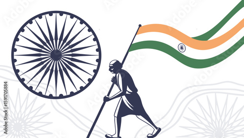 Historical figure walking with flag