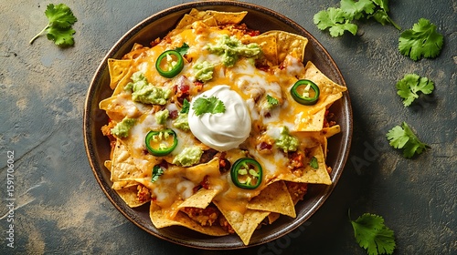 Loaded Nachos with Cheese, Jalape?s, Guacamole, and Sour Cream