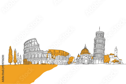 Minimal line art of famous Italian landmarks including Pisa and Rome