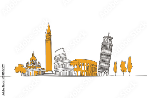 Minimal line art of famous Italian landmarks including Pisa and Rome