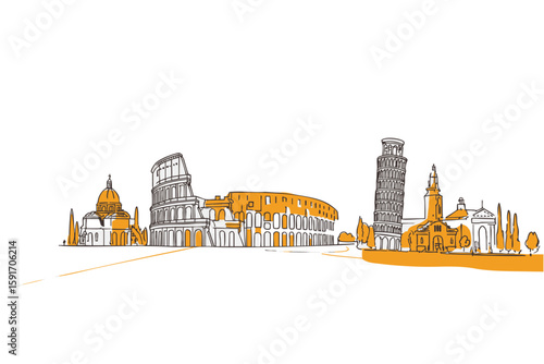 Minimal line art of famous Italian landmarks including Pisa and Rome