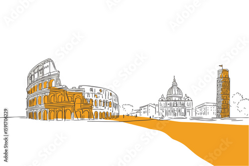 Minimal line art of famous Italian landmarks including Pisa and Rome