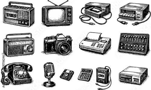 Collection of vintage electronics including radios, TVs, cameras, calculators, phones, tape recorders—perfect for retro tech themes, nostalgia, and classic media aesthetics