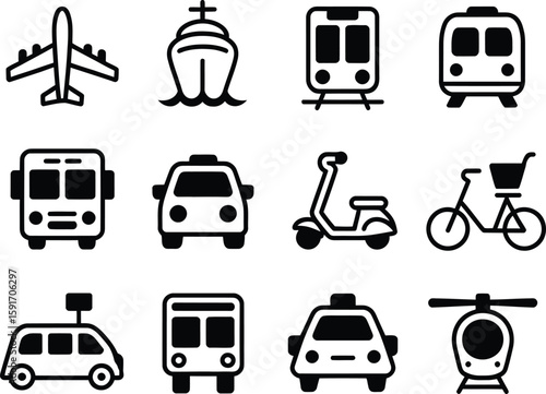 Simple Black and White Transportation Icons