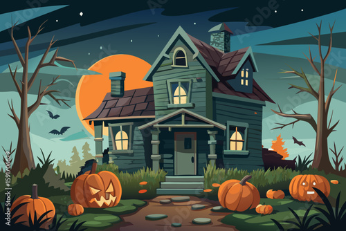 Abandoned House Broken Windows Pumpkins vector illustration