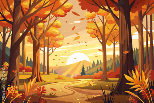 Autumn Forest Landscape Falling Leaves vector illustration