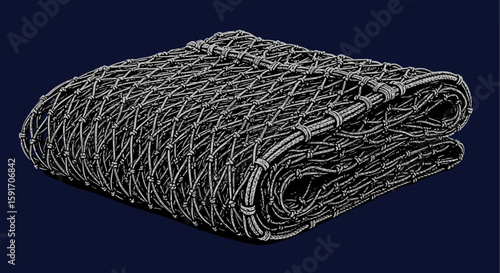 Folded dark netting with a diamond pattern, creating a textured and layered effect.