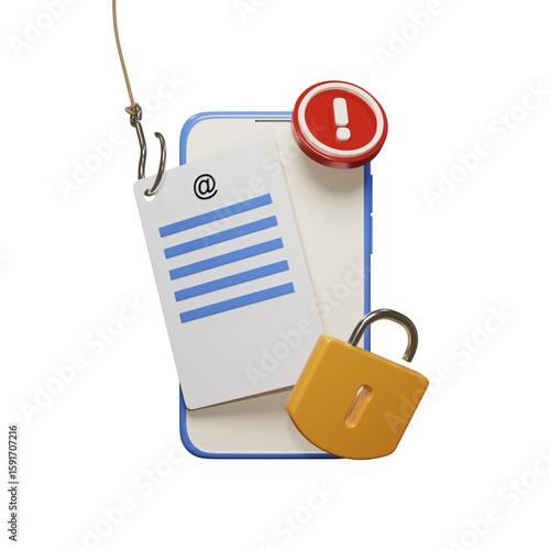 3D Rendering of Smartphone, Document, Security Key, and Hook. Representing Phishing and Data Stealing Illustration