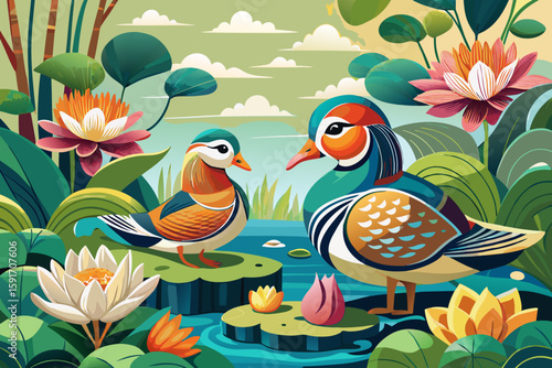 Mandarin Ducks Lotus Water Garden vector illustration