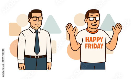 Work life balance graphic representing before and after Friday, "Happy Friday"