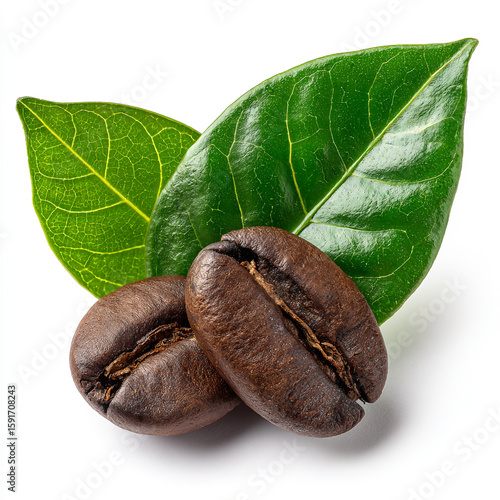 Close-up roasted coffee beans with green leaves isolated on white background