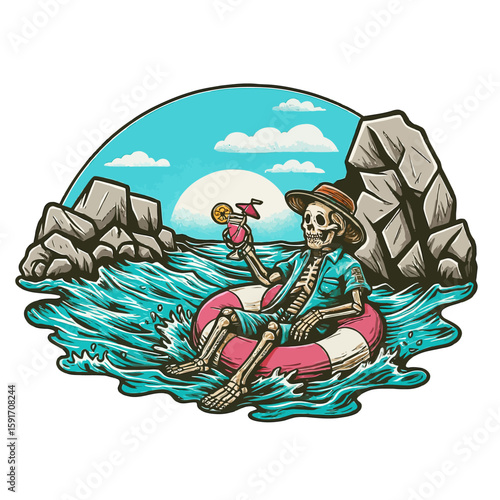 Relaxing Skeleton Floating on Pink Tube with Cocktail in Tropical Ocean