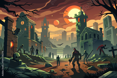 Zombie Apocalypse Old City Ruins vector illustration