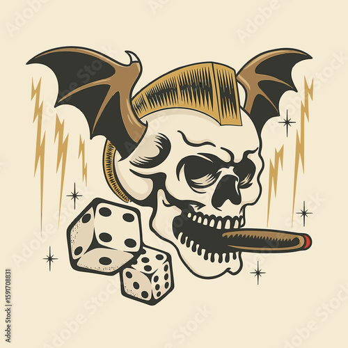 Cartoon Skull with Bat Wings Smoking Cigar and Ivory Dice on Beige Background