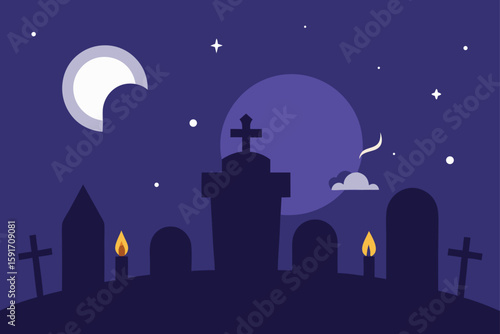 Floating Candles in Nighttime Graveyard vector illustration