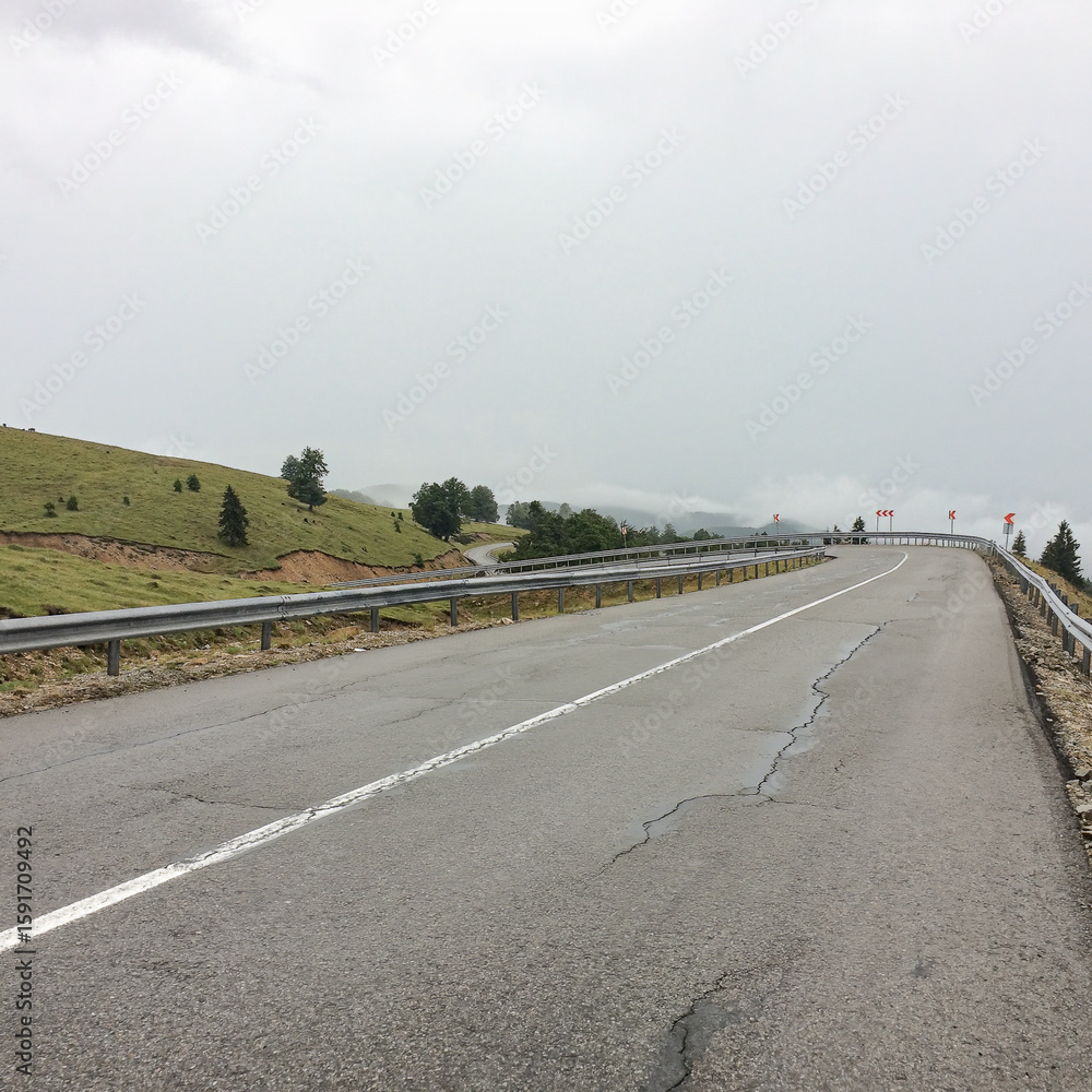 Fototapeta premium Mountain road near Novaci, Gorj County, Romania, on a cloudy and rainy day with a view of wet asphalt and scenic curves.