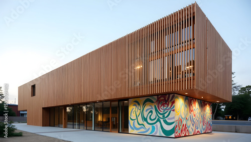 Building Angled exterior of a modern art and design school, wrapped in vertical timber slats and abstract mural walls. (2).jpg
