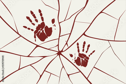 Bloody Handprints on Cracked Glass Background vector illustration