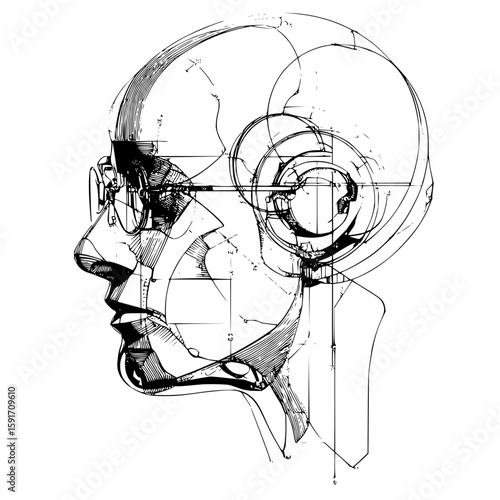 Detailed technical sketch of a cyborg head with glasses and visible internal components in black and white office life