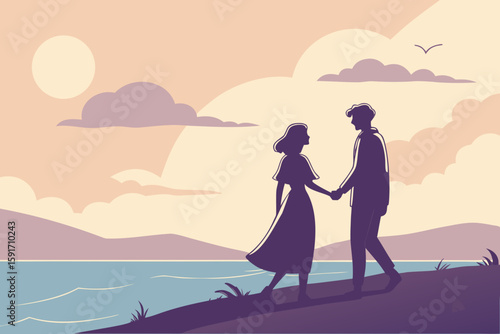 Romantic Sunset Scene with Couple Silhouettes vector illustration