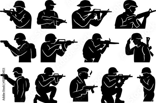 Set of soldier silhouettes in tactical stances—standing, kneeling, crouching, and prone—armed with rifles and pistols, ready for action and battlefield engagement