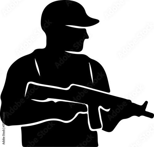 Silhouette of a crouching soldier in tactical stance, rifle aimed forward, ready for close-range engagement or cover defense