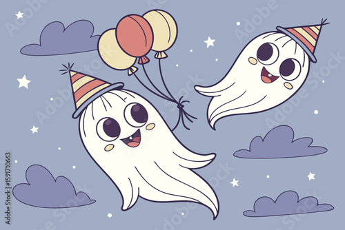Cartoon Ghosts Flying in a Night Sky vector illustration
