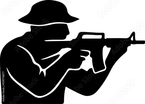 Silhouette of a soldier lying prone, aiming rifle steadily, ideal for stealth, sniping, and ground-level combat coverage