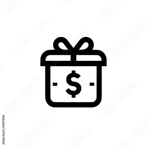 Simple vector icon of a gift box with a dollar sign ribbon symbolizing financial present, reward, or bonus payment