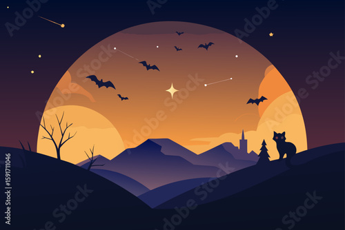 Halloween Constellation Sky with Bats and Cats vector illustration