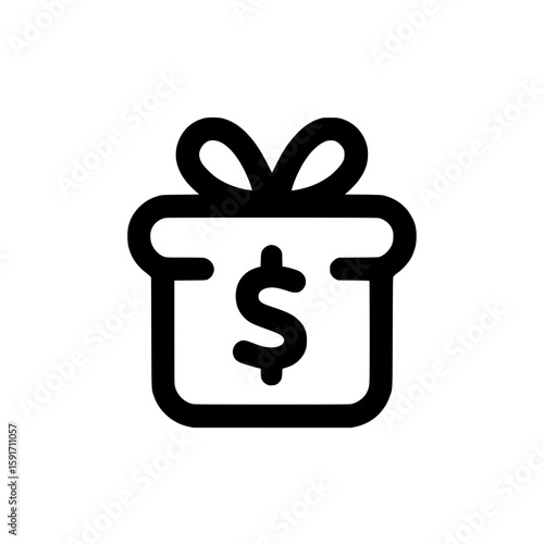 Outlined gift box with dollar symbol representing promotion, cashback, reward bonus, or ecommerce discount.