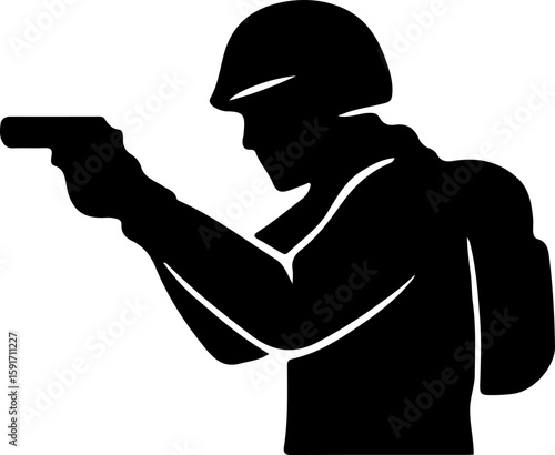 Silhouette of a soldier standing with pistol aimed forward and backpack, representing field readiness and mobile tactical stance