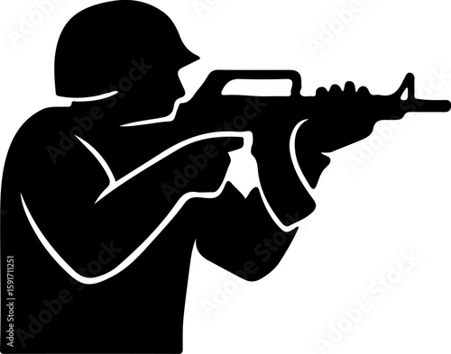 Silhouette of a crouching soldier aiming pistol, backpack on back, ready for rapid defensive reaction and field maneuvering