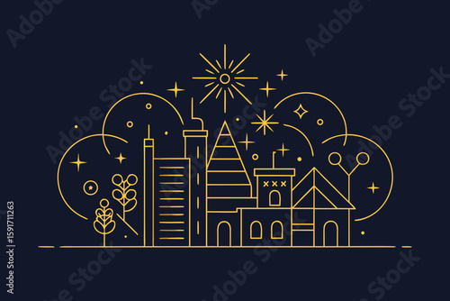 Minimalist Gold Line Art New Year Celebration vector illustration