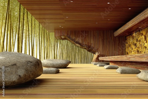 Serene Indoor Spa Area with Natural Wooden Elements and Stones for Relaxation