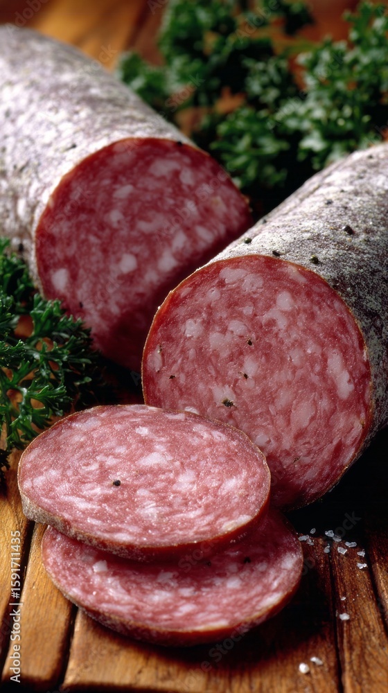 A long piece of salami is cut into two pieces A long piece of salami is cut into two pieces