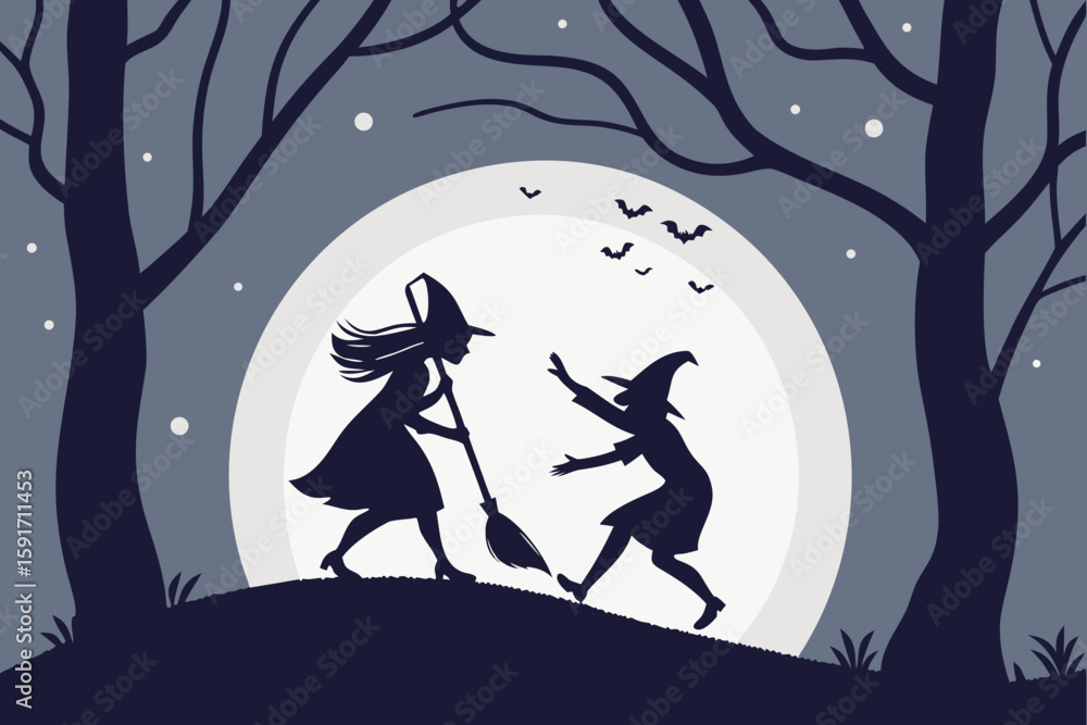 Fototapeta premium Silhouettes of Witches Dancing Under Moonlight vector illustration