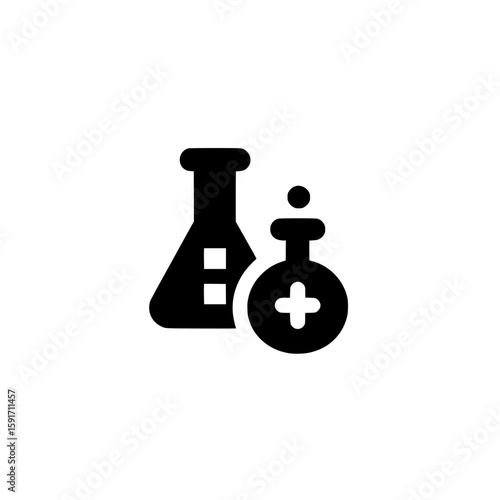 Bold black icon of chemical lab flasks symbolizing scientific experiment and research tools