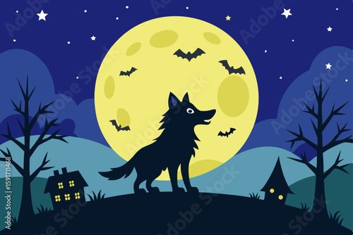 Starry Halloween Night with Howling Wolf vector illustration
