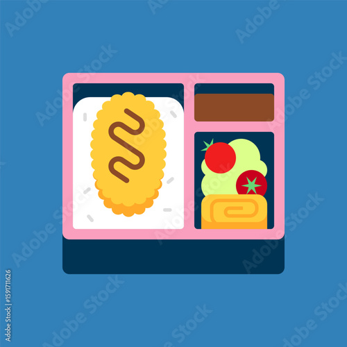 Japanese Bento Box Featuring Tonkatsu, Rice, Tamagoyaki, and Vegetables on Blue Background
