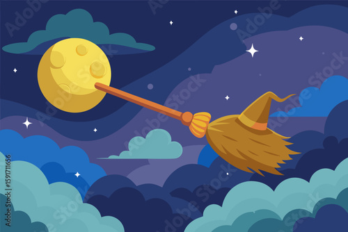 Witch's Broomstick Flying Through Cloudy Night vector illustration