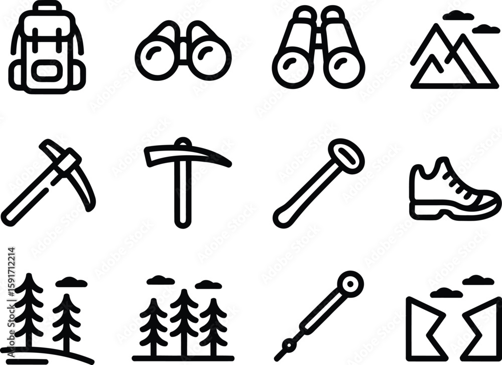 Simple Line Icons Set for Hiking and Mountaineering Activities Simple Line Icons Set for Hiking and Mountaineering Activities